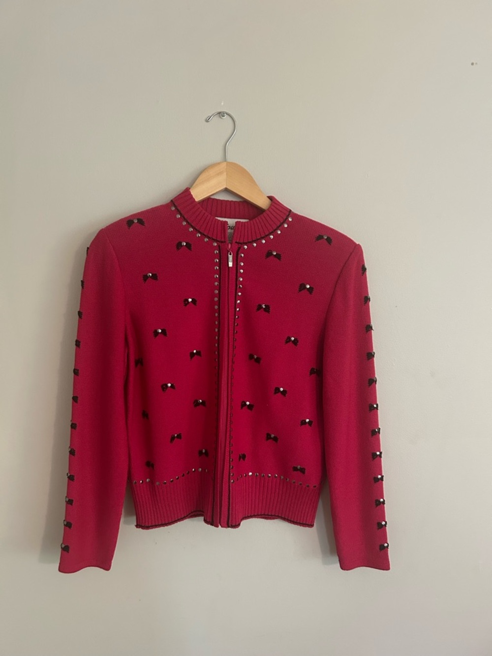 Women's Red Zip-Front Embellished Cardigan